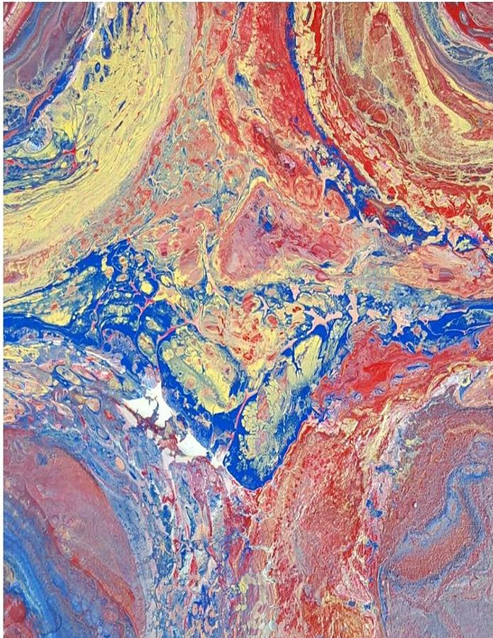 Acrylic Dirty Pour using blue red and yellow Painting by Cynthia Silverman