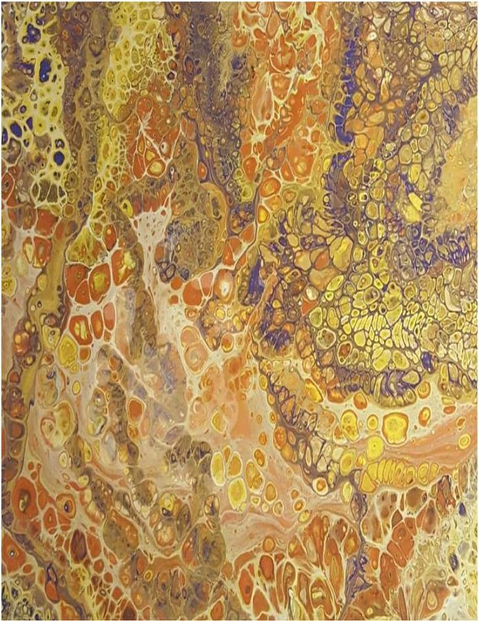 Acrylic Dirty Pour with Browns, yellows, orange, gold and purple Painting by Cynthia Silverman