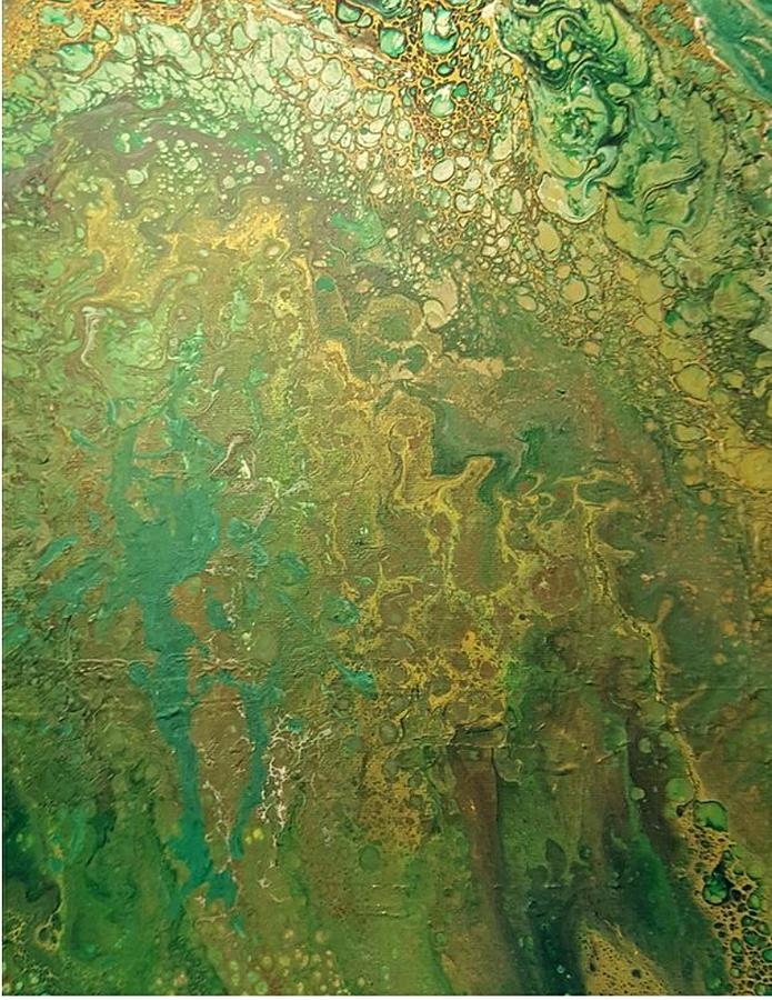 Acrylic Dirty Pour with Greens browns gold copper Painting by Cynthia Silverman