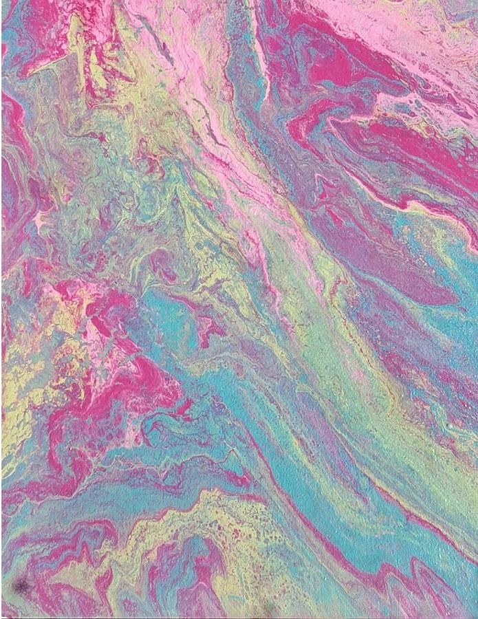Acrylic Dirty Pour with pinks aquas and yellow Painting by Cynthia Silverman