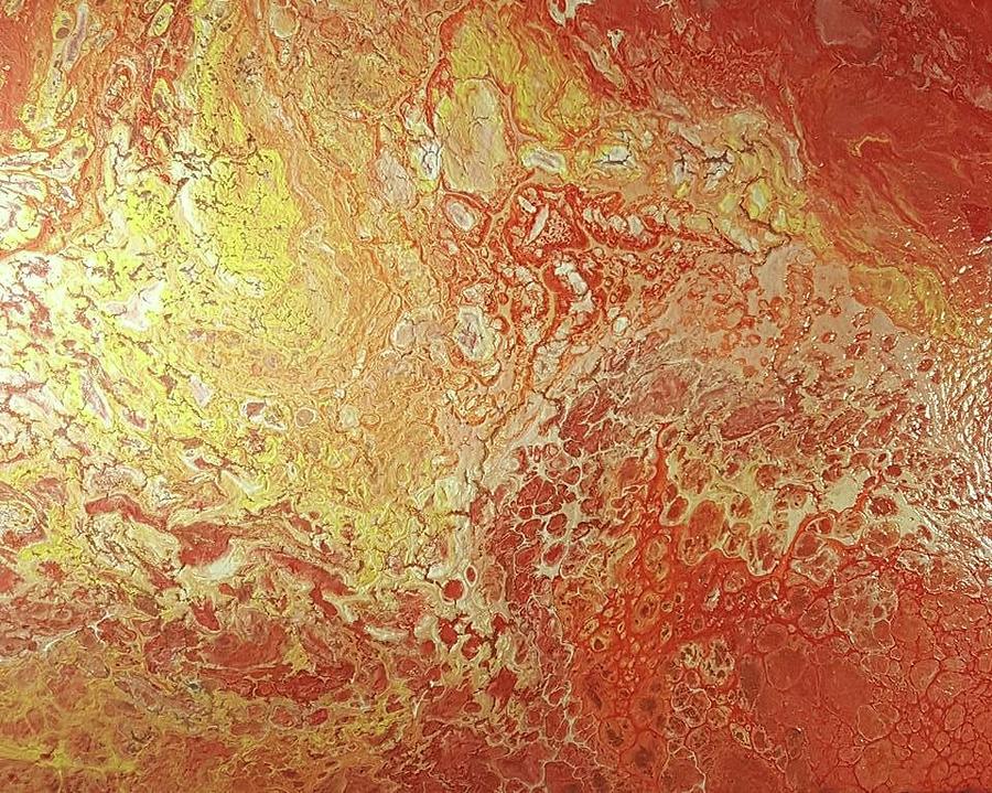 Acrylic Dirty Pour with Red yellows, orange and gold Painting by Cynthia Silverman