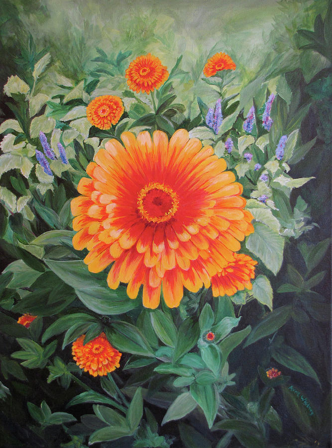 Acrylic Flower Painting - Zoozinnia by Avril Whitney