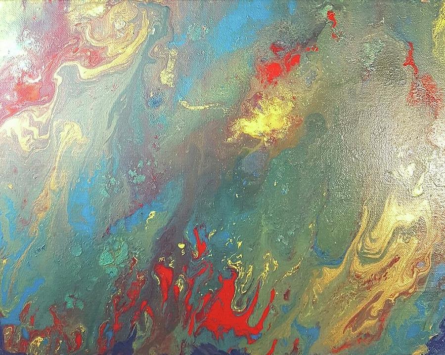 Acrylic Pour using teal turquoise aqua yellow gold and red Painting by Cynthia Silverman