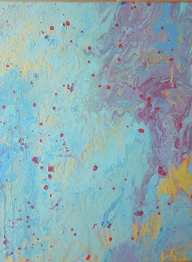 Acrylic Pour with teal aqua gold and red Painting by Cynthia Silverman