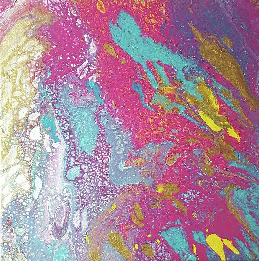 Acrylic Pour with teal aqua yellow gold dark and light pink Painting by Cynthia Silverman