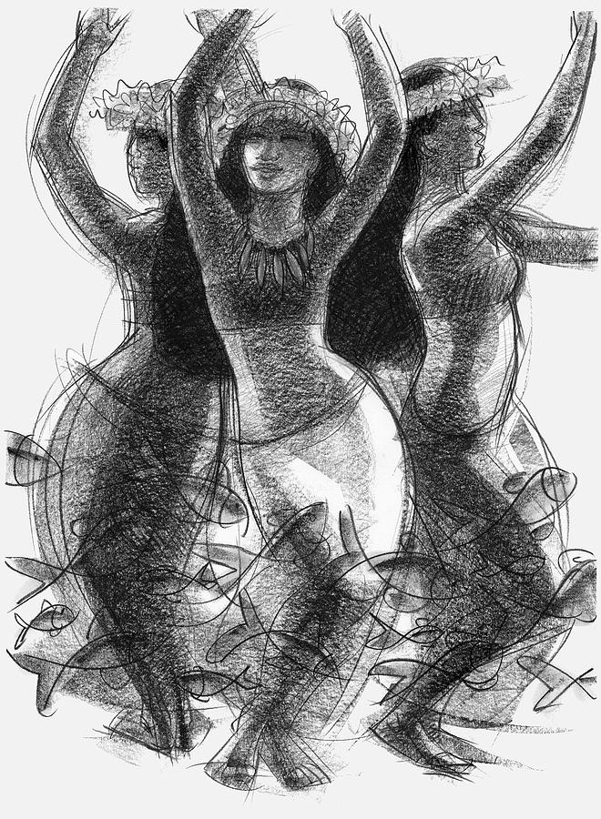 Action Song Dancers with Fish Pareu Drawing by Judith Kunzle
