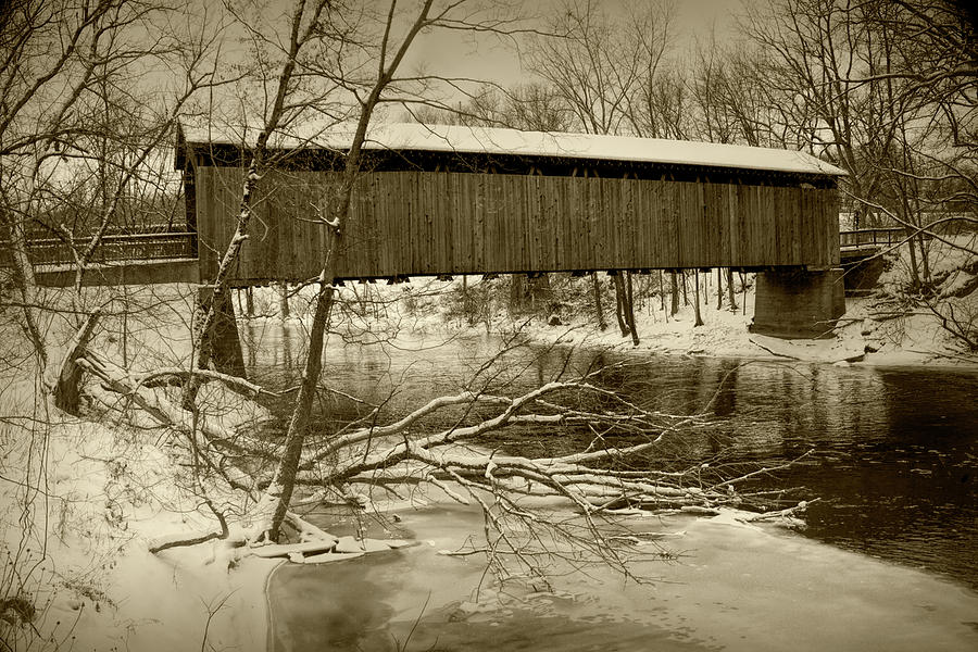 Ada Covered Bridge in Winter in Sepia Tone Photograph by Randall Nyhof