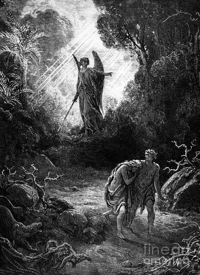 Adam and Eve leaving Paradise Drawing by Gustave Dore