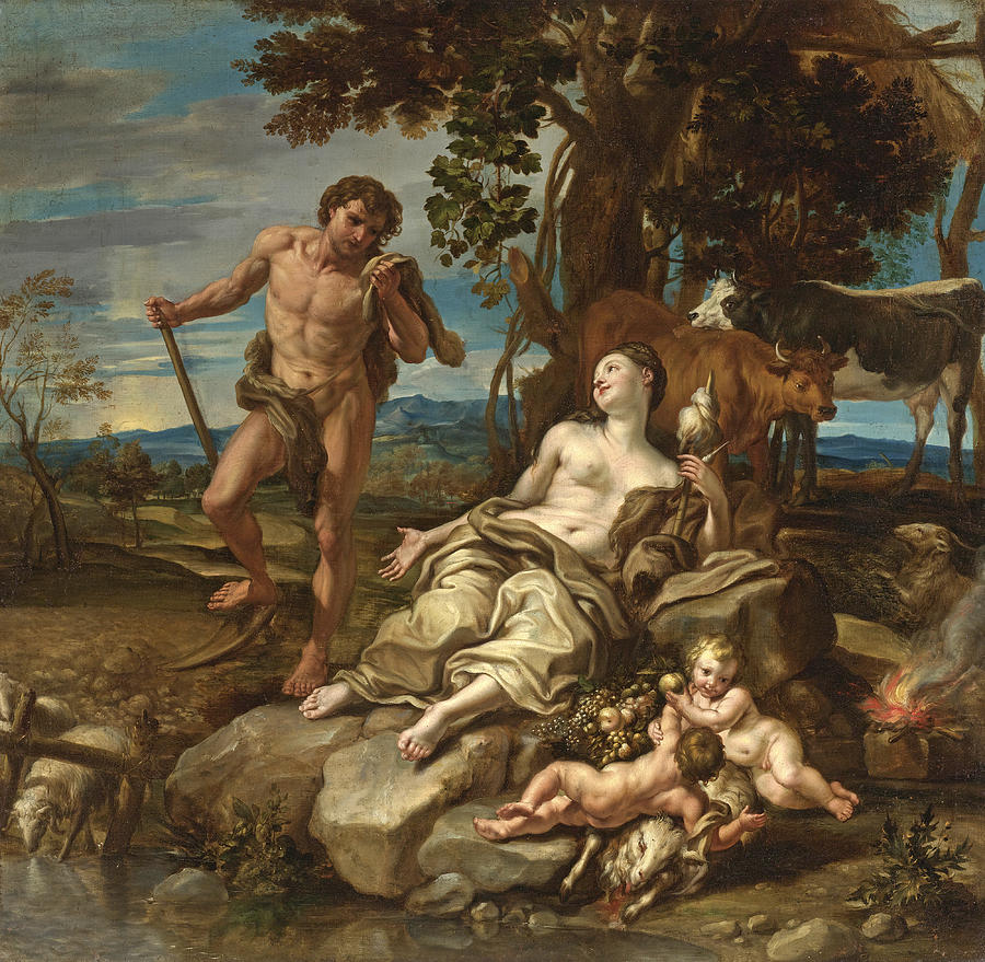 Adam and Eve with the Infants Cain and Abel Painting by Lorenzo De Ferrari
