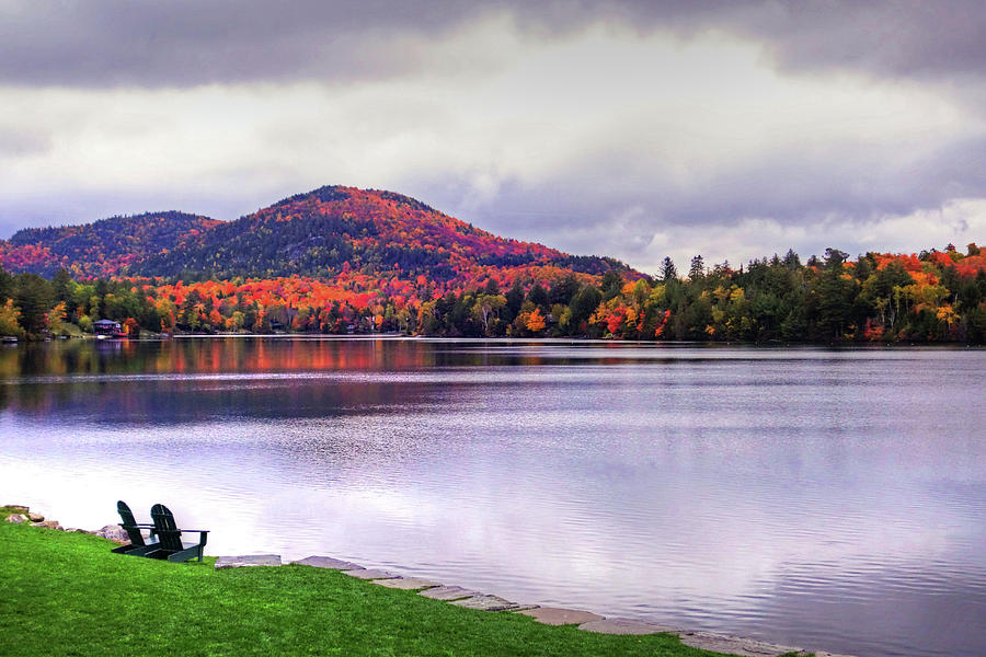 Fall Photograph - Adirondack Chairs in the Adirondacks. Mirror Lake Lake Placid NY New York Mountain by Toby McGuire