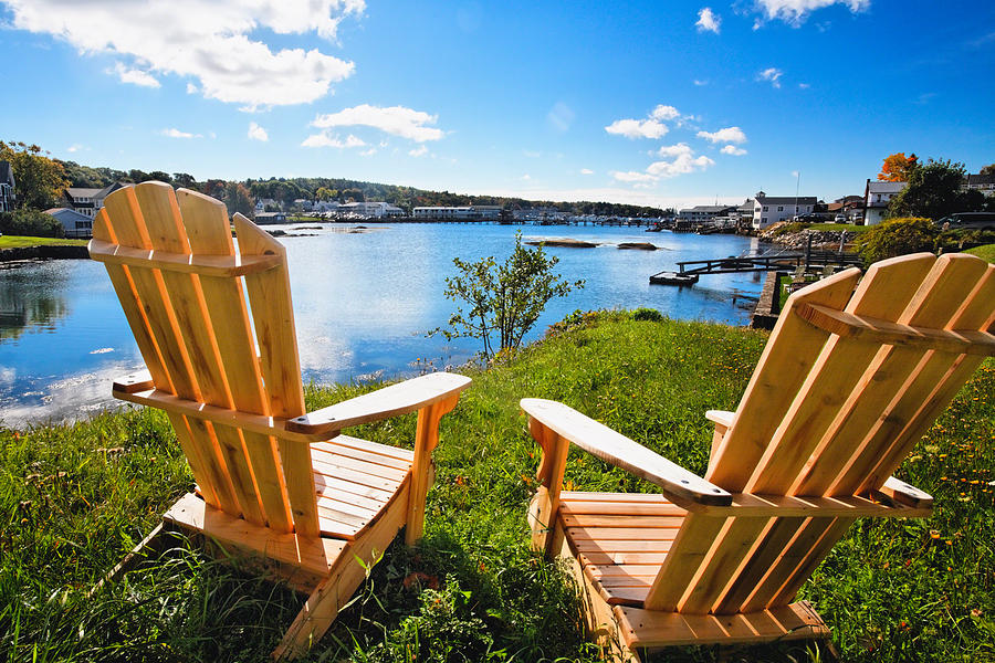 Fall Photograph - Adirondack Chairs Overlooking Boothbay Harbor by George Oze