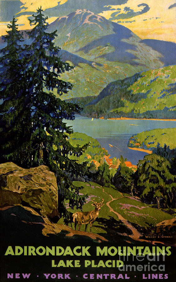 Mountain Painting - Adirondack Mountains Lake Placid Vintage Poster Restored by Vintage Treasure