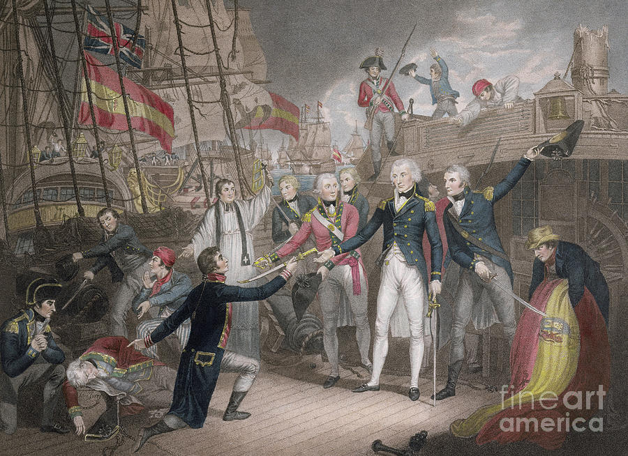 Admiral Nelsons boarding the two Spanish Ships, 14th February 1797 Drawing by Daniel Orme