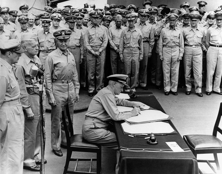 Wwii Photograph - Admiral Nimitz Signing The Japanese Surrender  by War Is Hell Store
