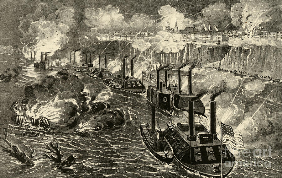 Admiral Porters fleet running the rebel blockade of the Mississippi at Vicksburg Drawing by American School