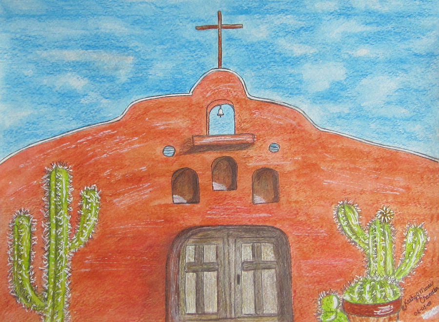 Adobe Church and Cactus Painting by Kathy Marrs Chandler