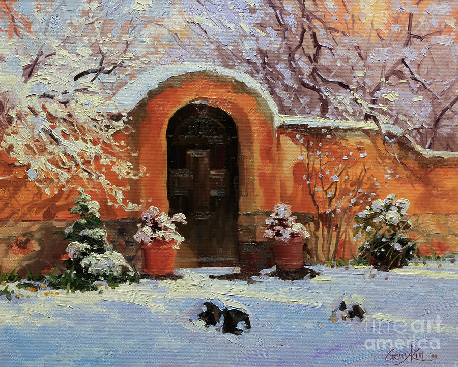 Adobe wall with wooden door in snow. Painting by Gary Kim