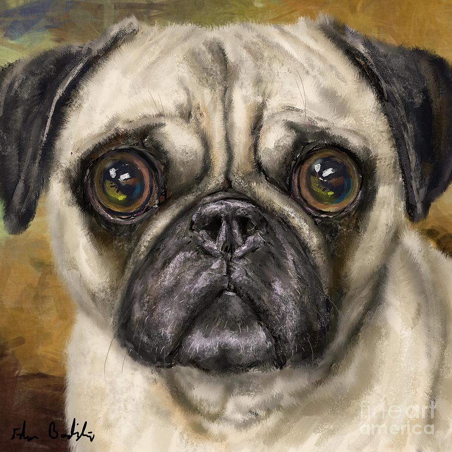 Adorable Pug Painting on Yellow - Mustard Background Digital Art by ...