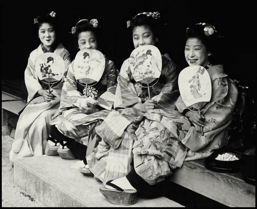 Adorable Young Maiko San In Japan With Uchiwa Fans Photograph