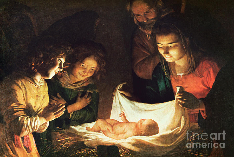 Adoration of the baby Painting by Gerrit van Honthorst