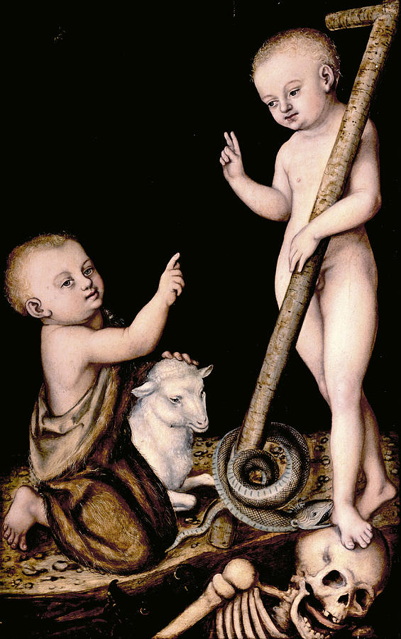 Adoration of The Child Jesus by St John the Baptist Painting by Lucas Cranach the Elder