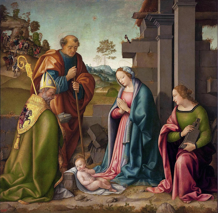 Famous Paintings Painting - Adoration of the Christ Child with St Barbara and St Martin by Raffaello Botticini