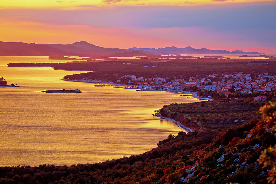 Adriatic town of Pakostane aerial sunset view Photograph by Brch Photography