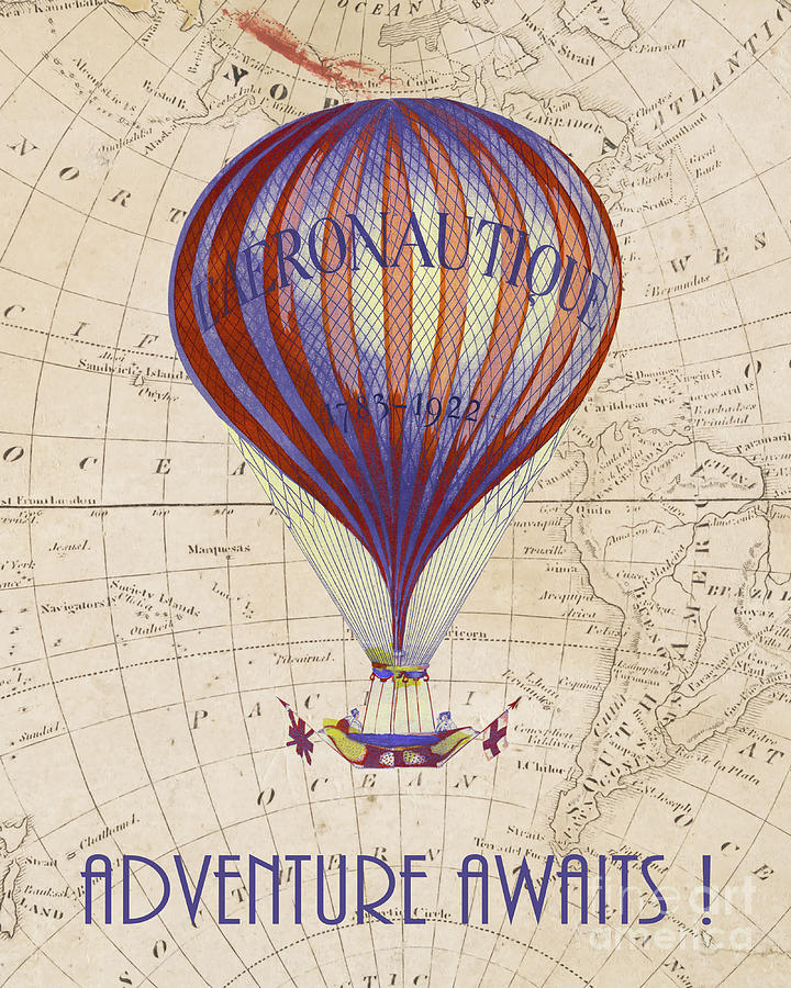 Adventure awaits, vintage hot air balloon Mixed Media by Delphimages Photo Creations