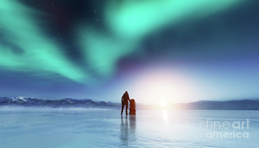 Adventurous man standing with a backpack, looking at aurora. Photograph by Michal Bednarek