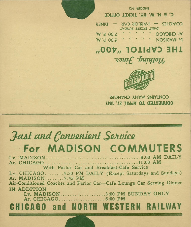 Advertisement for Madison-Chicago Commuter Service Photograph by Chicago and North Western Historical Society