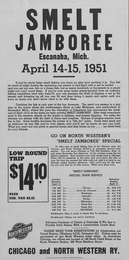 Advertisement for Smelt Jamboree Special Photograph by Chicago and North Western Historical Society