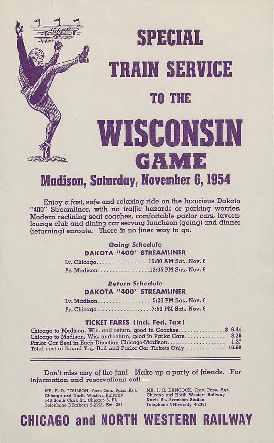 Advertisement for Special Train Service to Wisconsin Football Game 1954 Photograph by Chicago and North Western Historical Society
