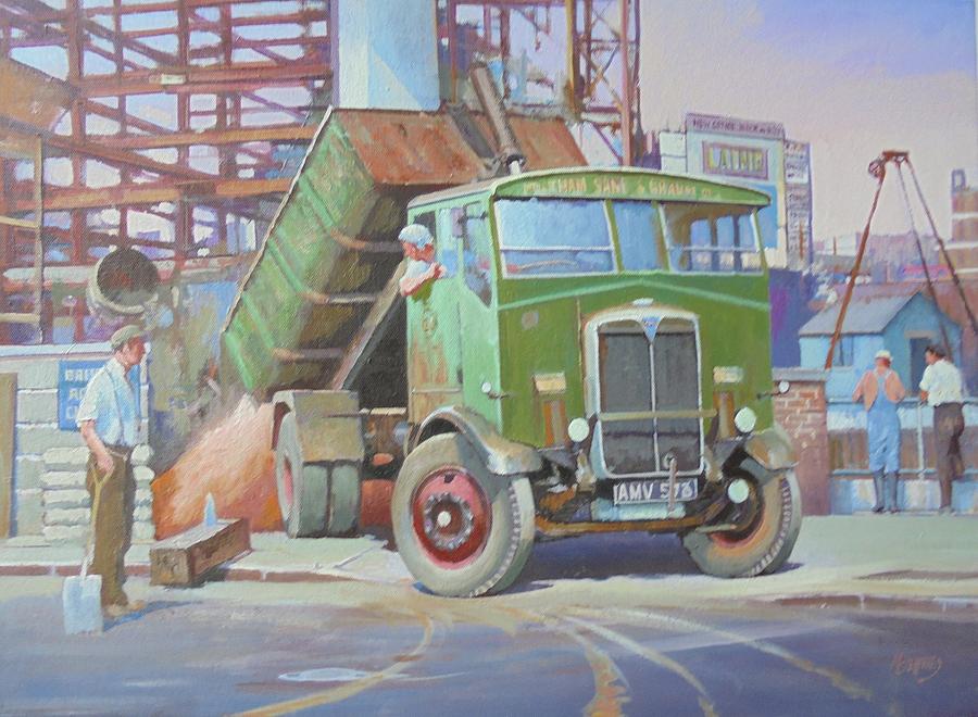 AEC Monarch on building site. Painting by Mike Jeffries
