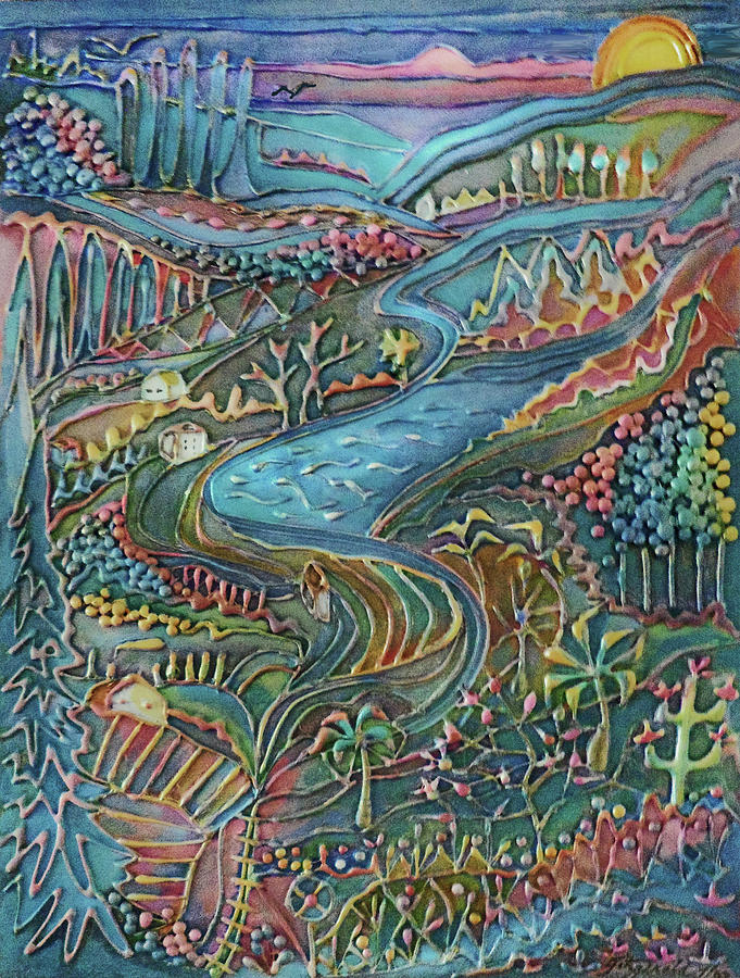 Aerial Countryside - hot glue Painting by Jean Batzell Fitzgerald
