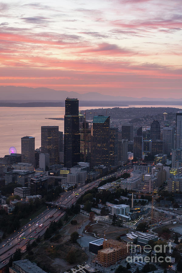 Aerial Downtown Seattle at Sunset Photograph by Mike Reid