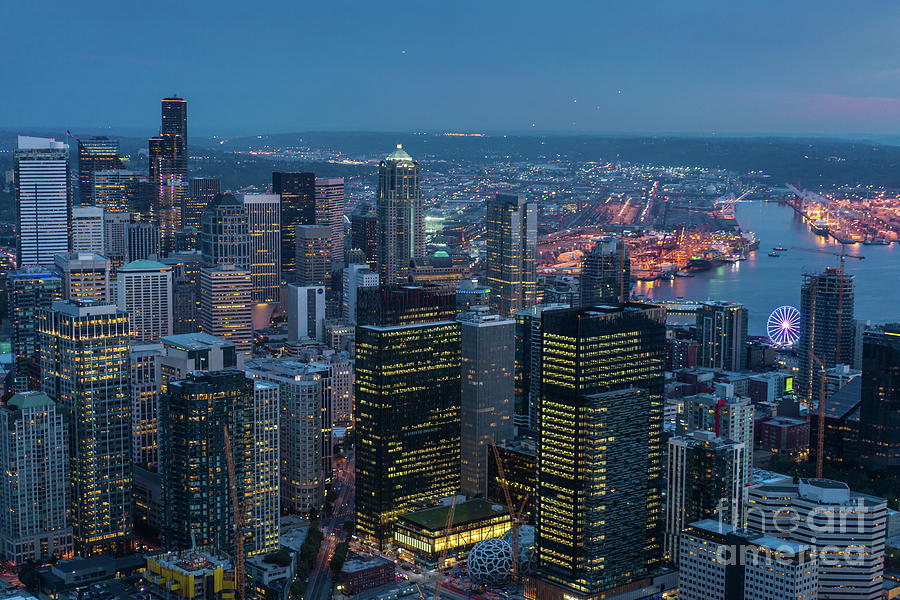 Aerial Downtown Seattle Dusk Details Photograph by Mike Reid