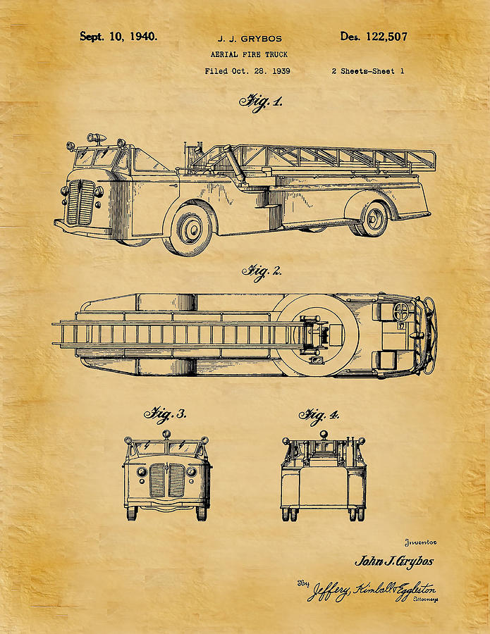 Fire And Rescue Digital Art - Aerial Fire Truck patent - Aged Parchment by Unique Reproductions