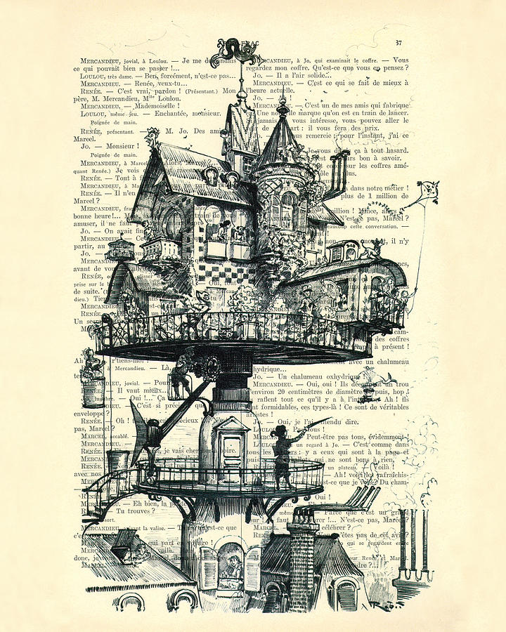 Black And White Digital Art - Aerial house black and white antique illustration by Madame Memento