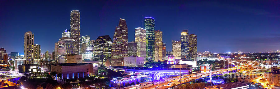 Aerial Houston Skyline Night Pano Photograph by Tod and Cynthia Grubbs