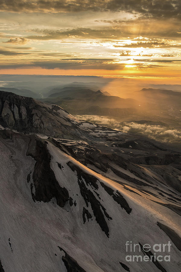 Aerial Mount St Helens Crater and Sunrays Beyond Photograph by Mike Reid