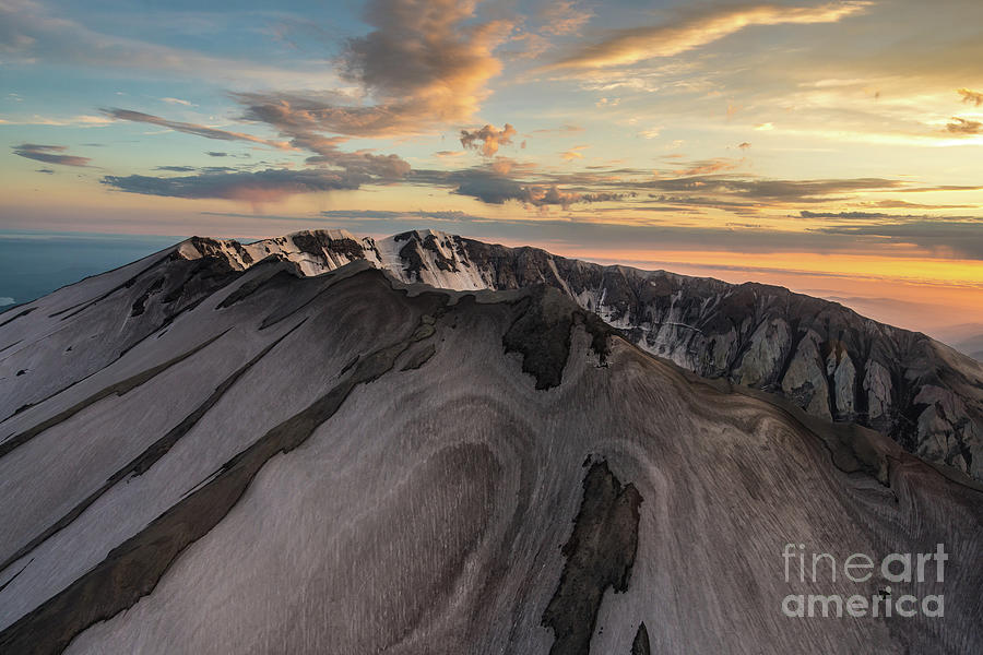 Aerial Mount St Helens Sunset Crater Snow Swirls Photograph by Mike Reid