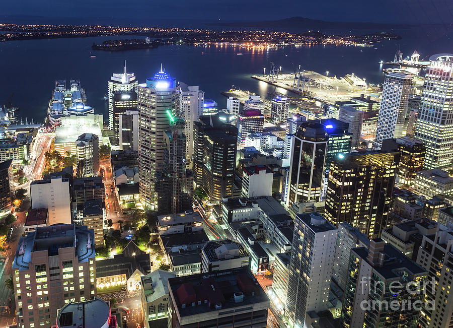 Aerial night view of Auckland  in New Zealand Photograph by Didier Marti
