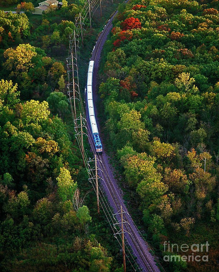Aerial of  commuter train  Photograph by Tom Jelen