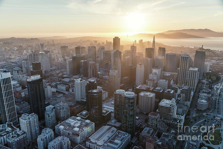 Aerial of downtown district at sunset, San Francisco, California Photograph by Matteo Colombo