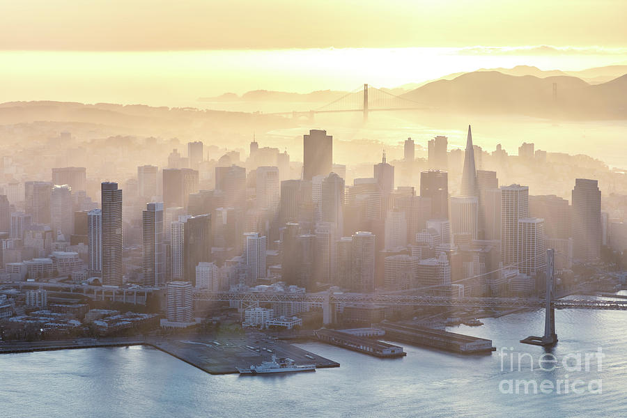 Aerial of downtown district at sunset, San Francisco, USA Photograph by Matteo Colombo