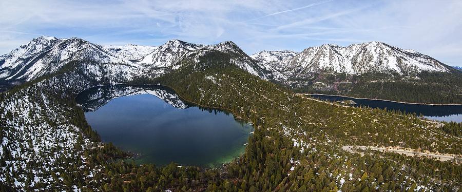 Aerial Panorama of Cascade Lake and Emerald Bay, Lake Tahoe Photograph by Brad Scott