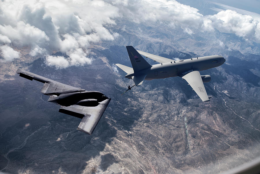 Aerial Refueling the Stealth Bomber Mixed Media by Erik Simonsen