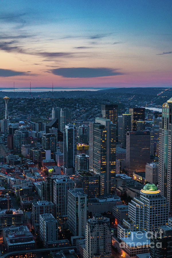 Aerial Seattle Downtown Buildings Leading to the Space Needle Photograph by Mike Reid