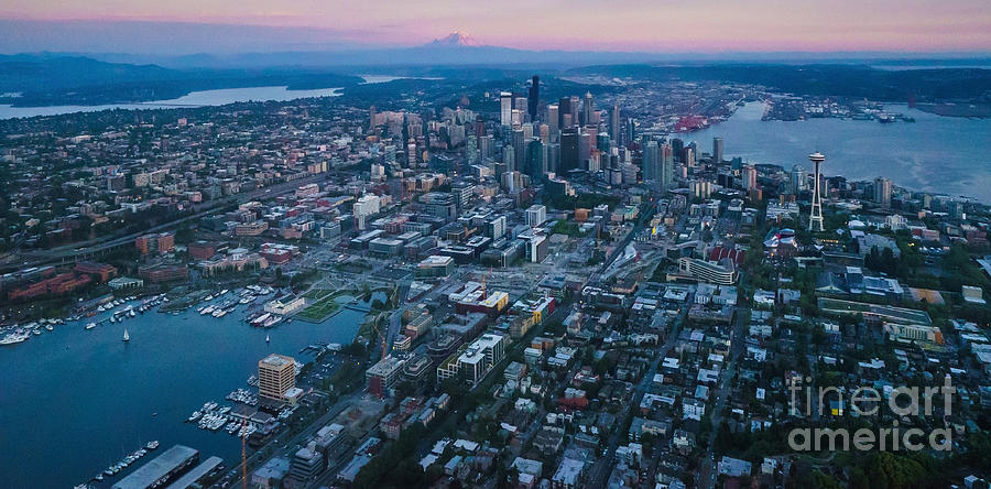 Seattle Photograph - Aerial Seattle Dusk Cityscape by Mike Reid