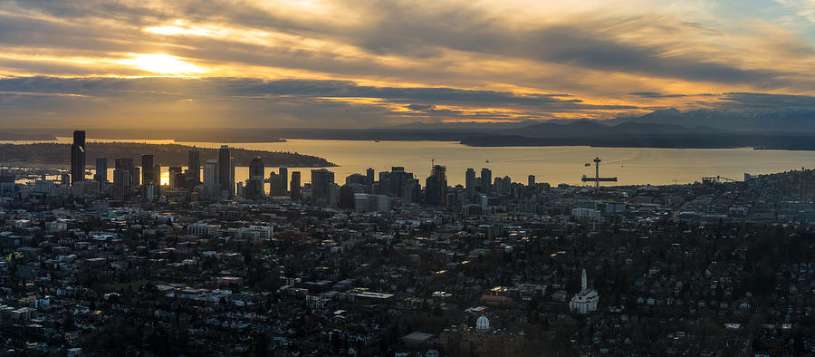 Seattle Photograph - Aerial Seattle Skyline Panorama Looking West by Mike Reid